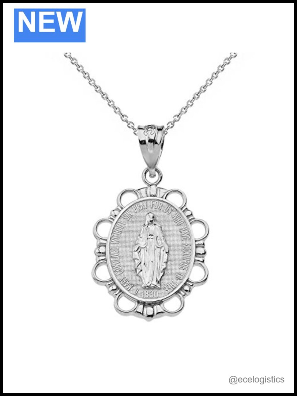 Sterling Silver Miraculous Medal Blessed Virgin Mary Pendant Necklace